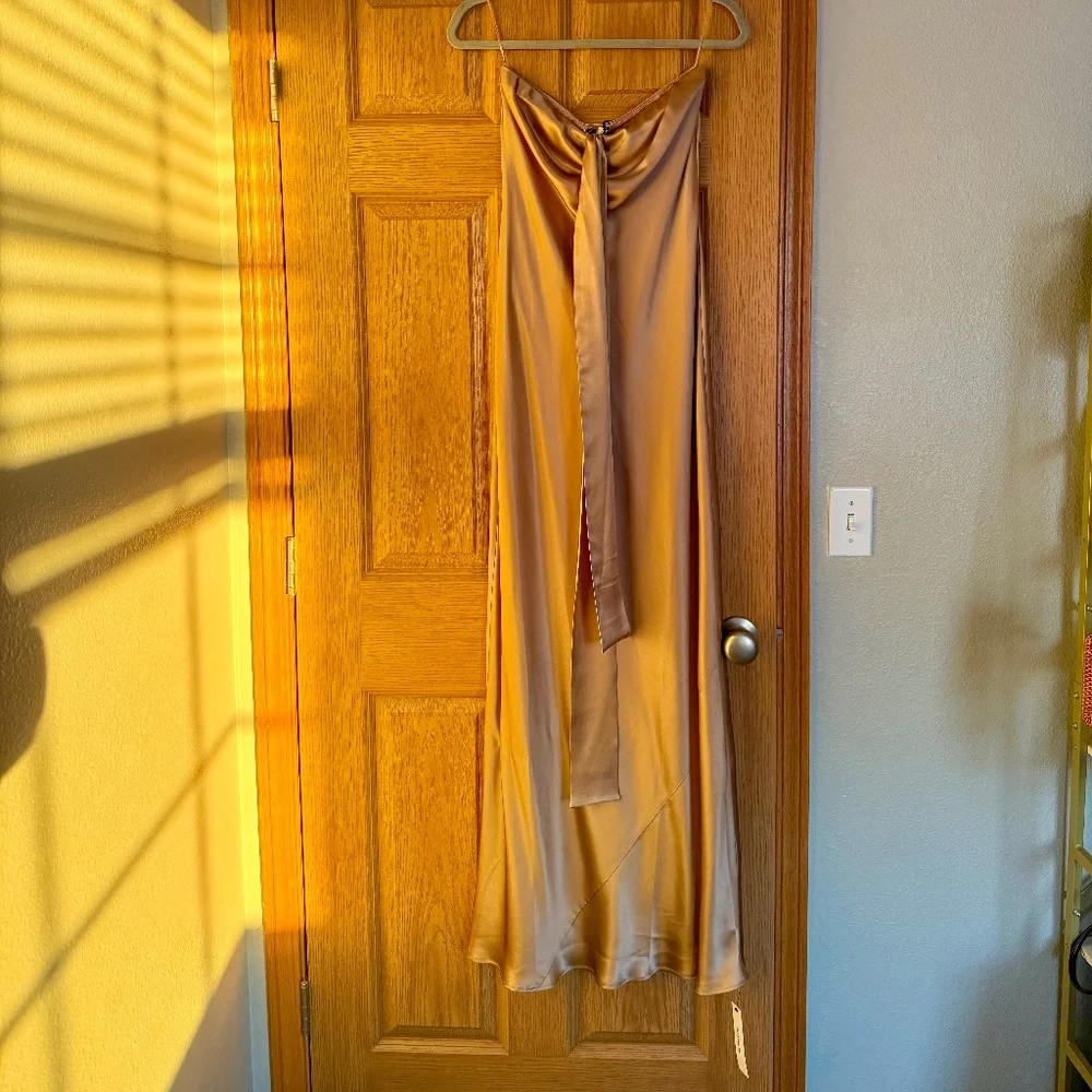 Reformation Satin Strapless Midi Dress in Rose Gold - Picture 5 of 9